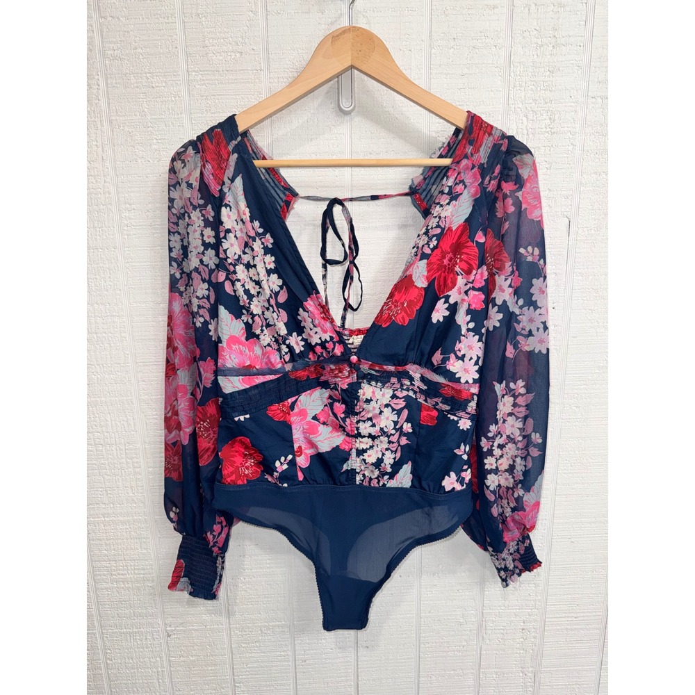 Free People Floral Bodysuit Women Midnight Combo Sheer Sleeve OB1666975 Size S